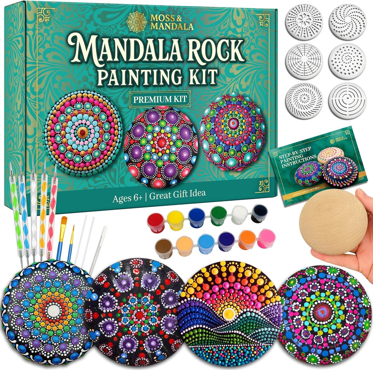 Paint by Numbers Kits for Adults – Mandala Rock Painting Dot Art Kit with Wooden Rocks, Mandala Stencils, Dotting Tools & Acrylic Paints, DIY Relaxing Craft Kit for Beginners and Hobby Artists